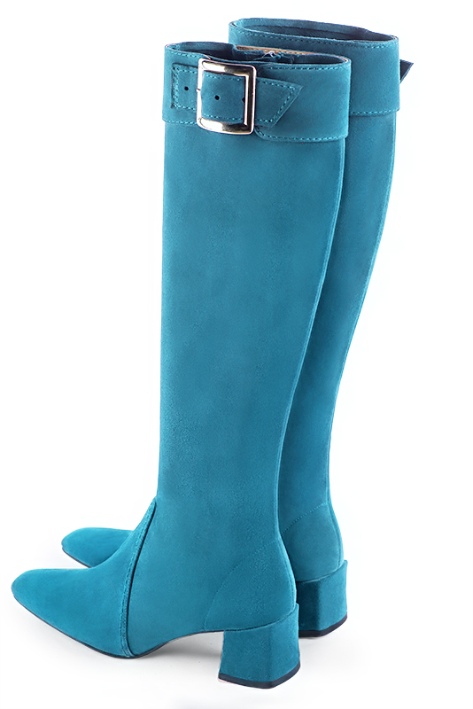 Turquoise blue women's feminine knee-high boots. Square toe. Medium block heels. Made to measure. Rear view - Florence KOOIJMAN